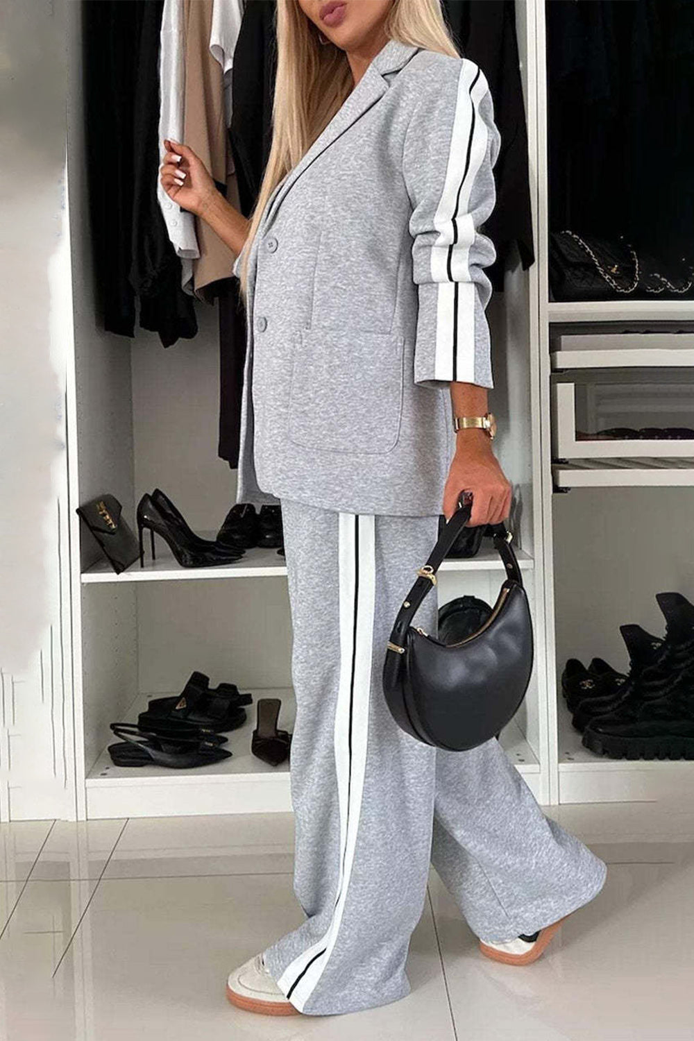 Contrast Lapel Collar Top & Pants Set
