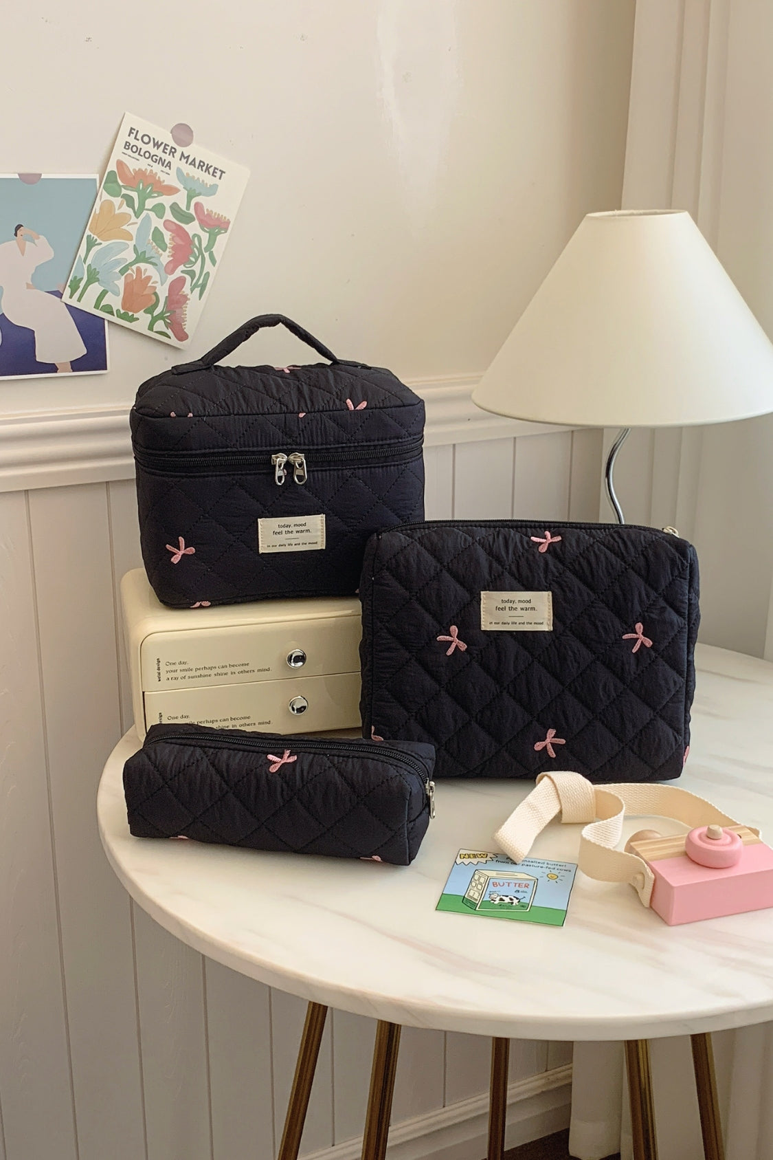 3 Piece Bow Quilted Makeup Bag Set