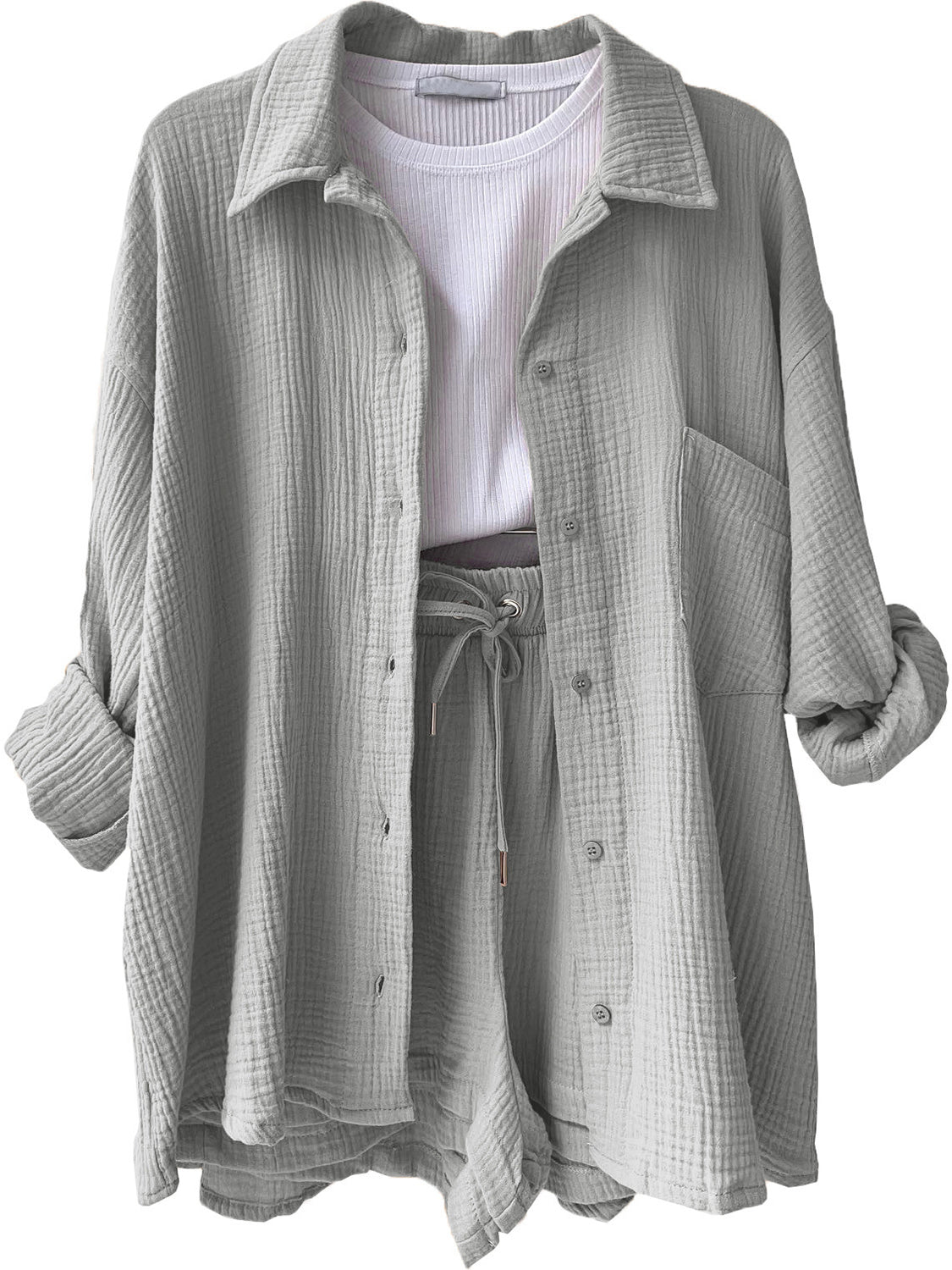 Textured Button Up Shirt Shorts Set