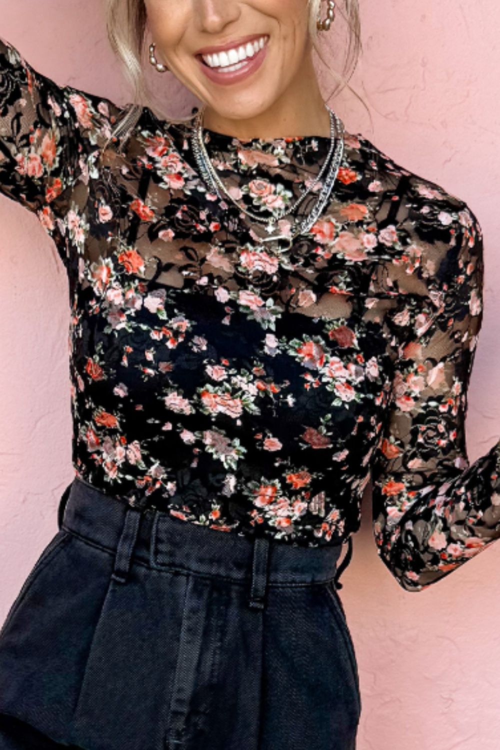 Floral Round Neck Long Sleeve Top