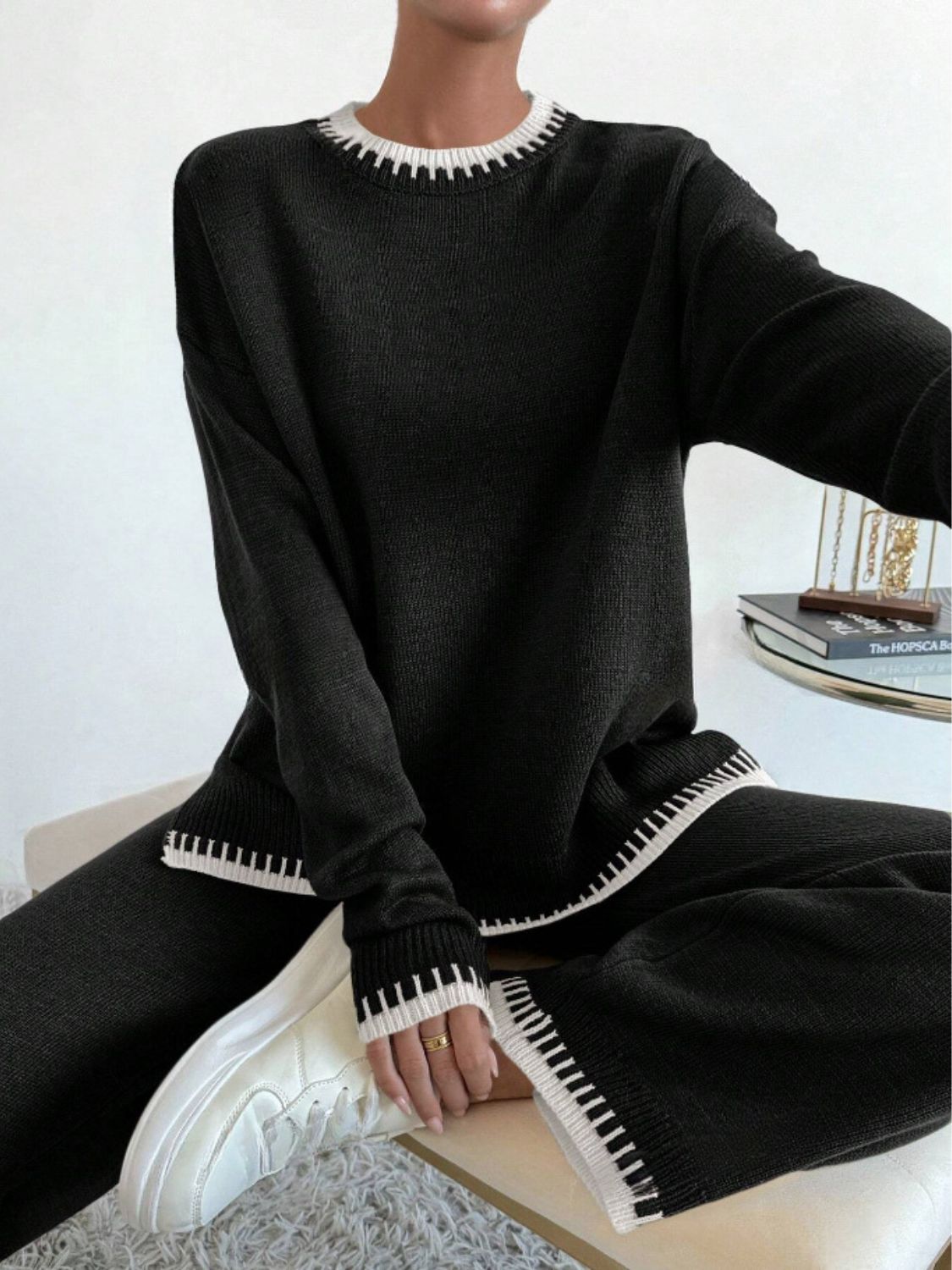 Side Slit Contrast Trim Top Pants Set