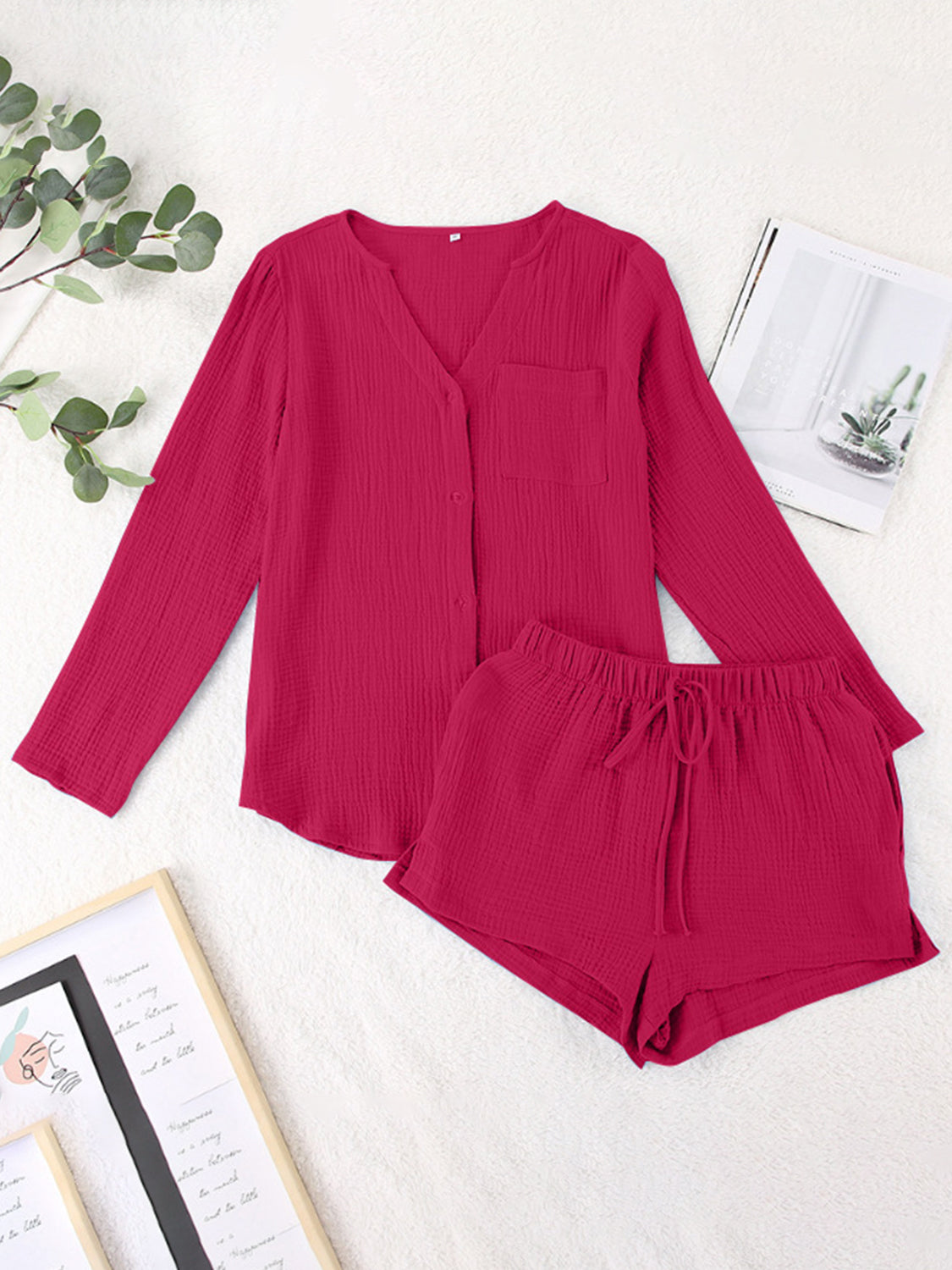 Notched Long Sleeve Top Shorts Set