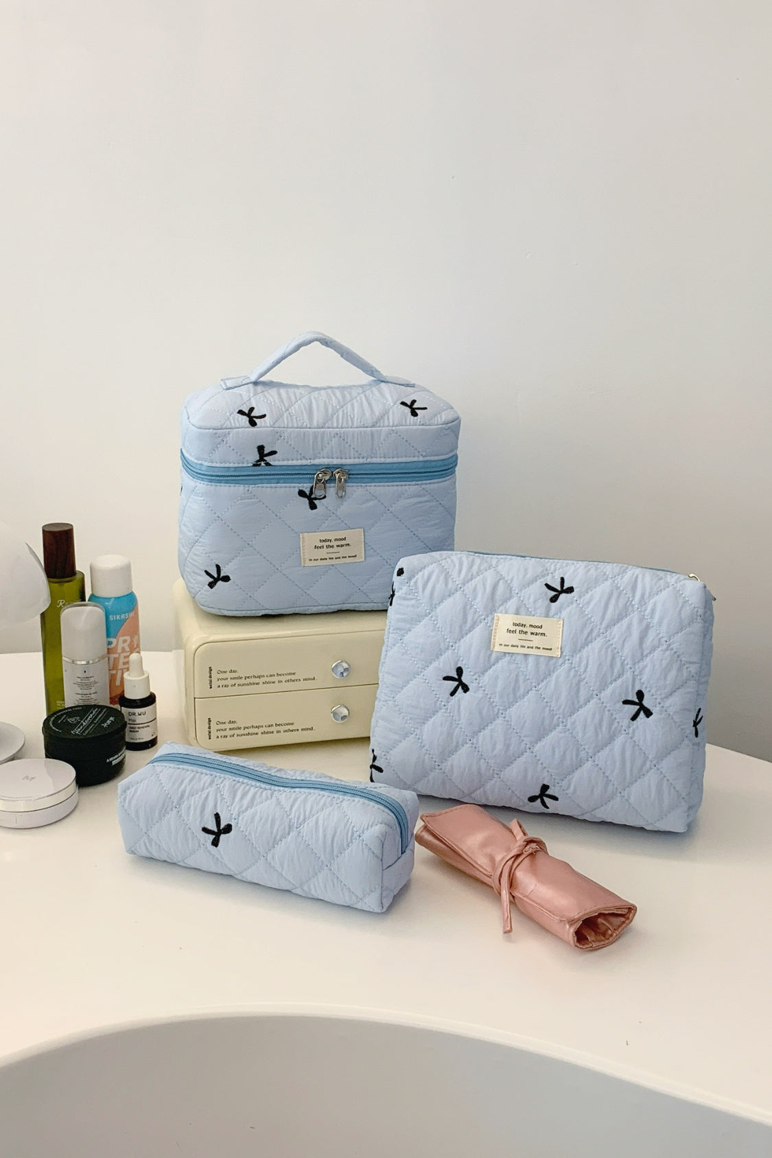 3 Piece Bow Quilted Makeup Bag Set