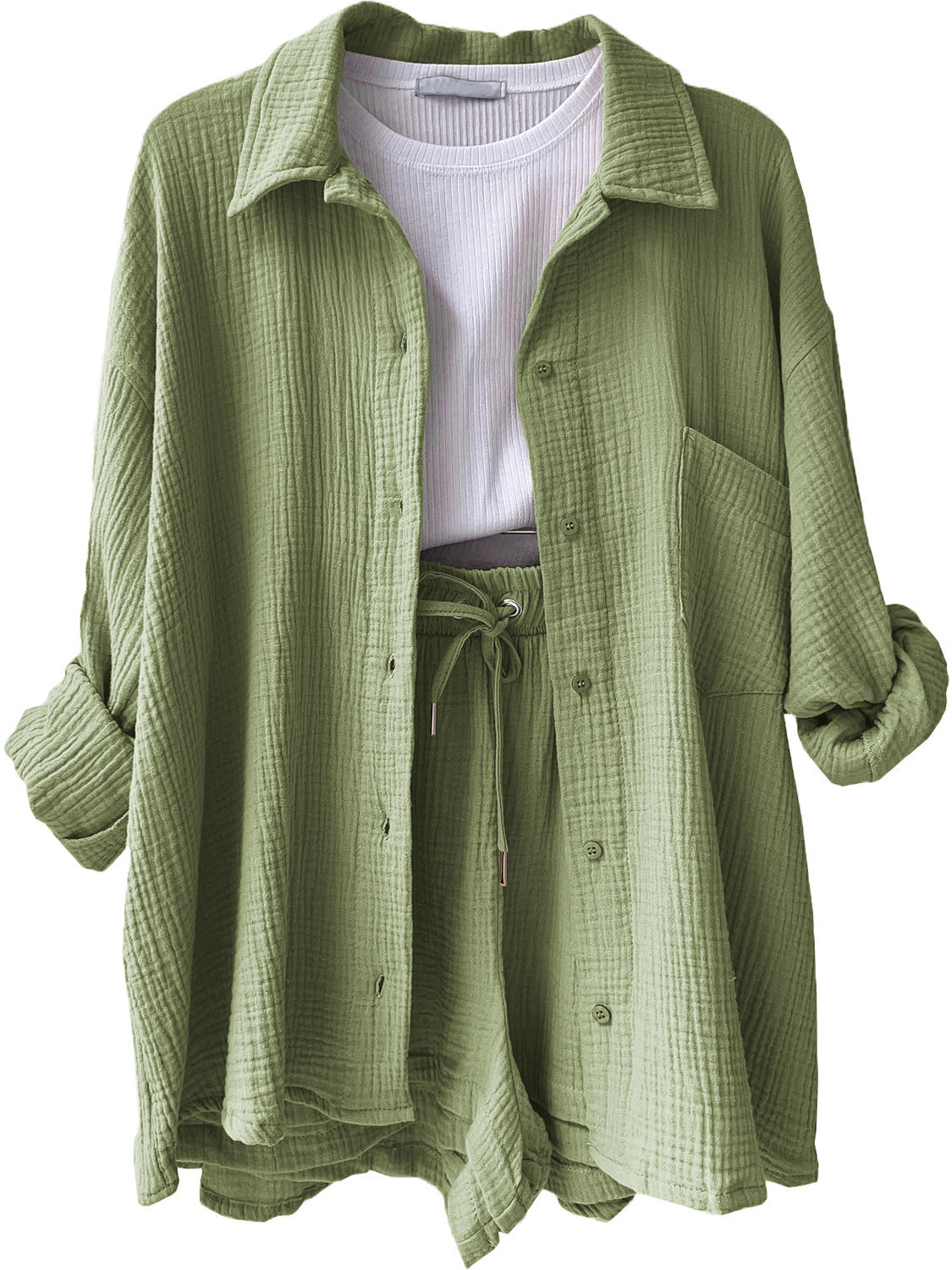 Textured Button Up Shirt Shorts Set