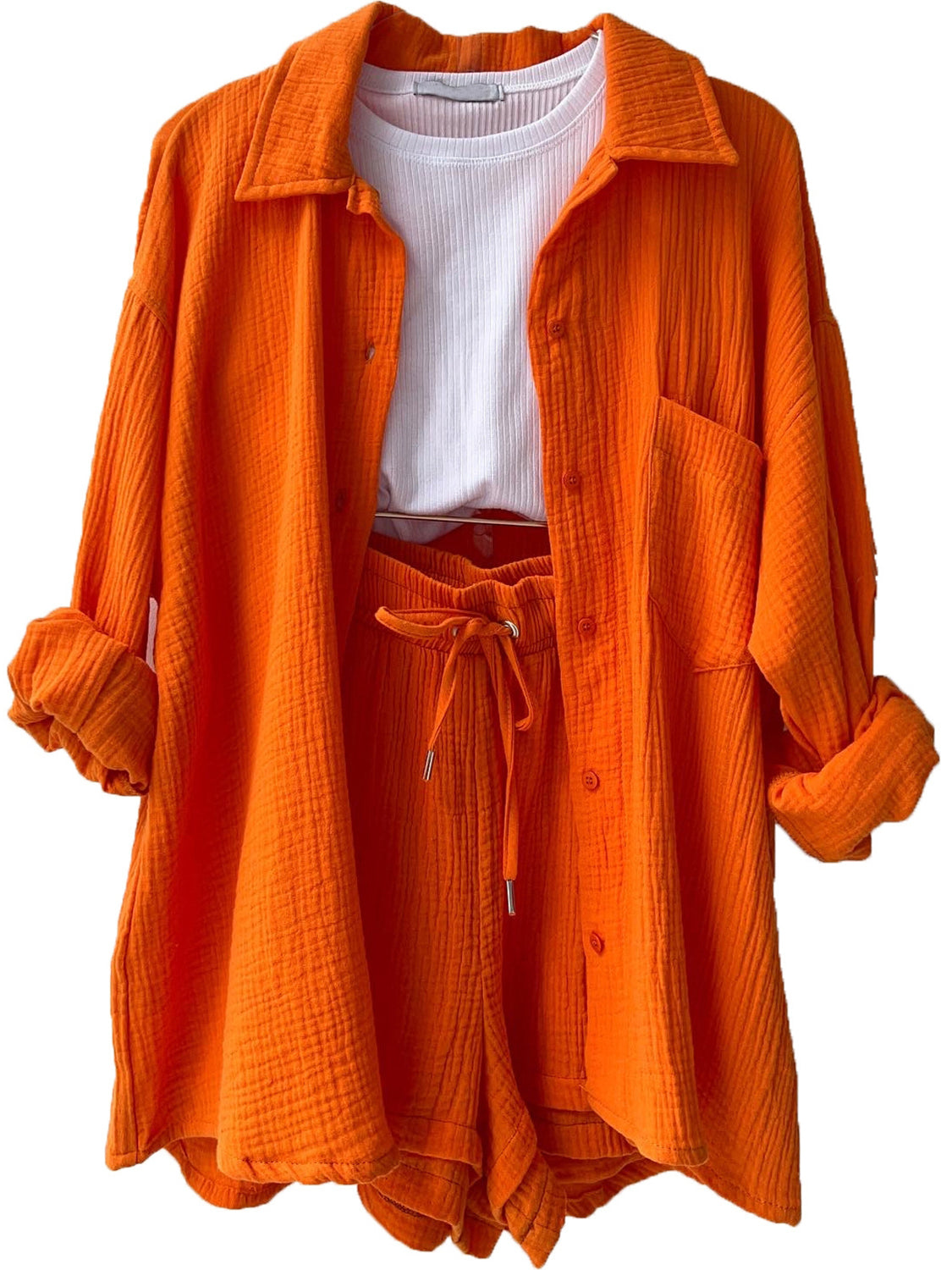 Textured Button Up Shirt Shorts Set