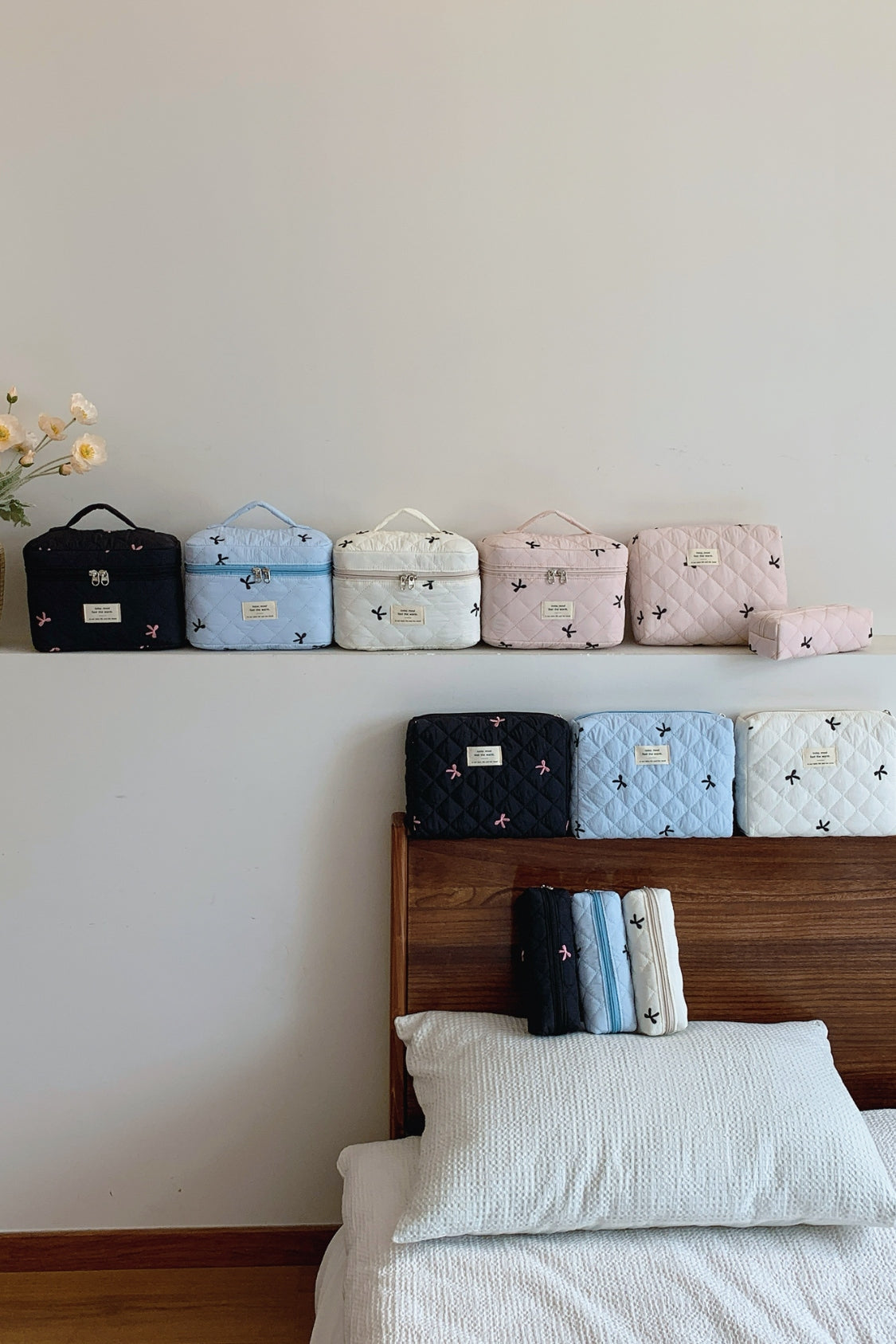 3 Piece Bow Quilted Makeup Bag Set