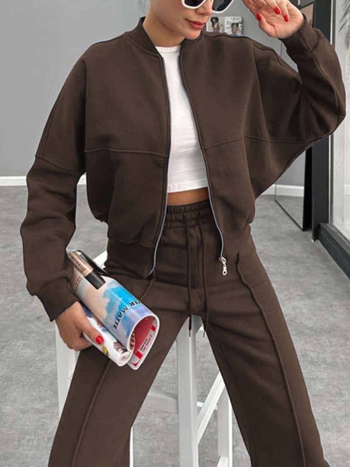 Baseball Collar Zip Up Outerwear Set