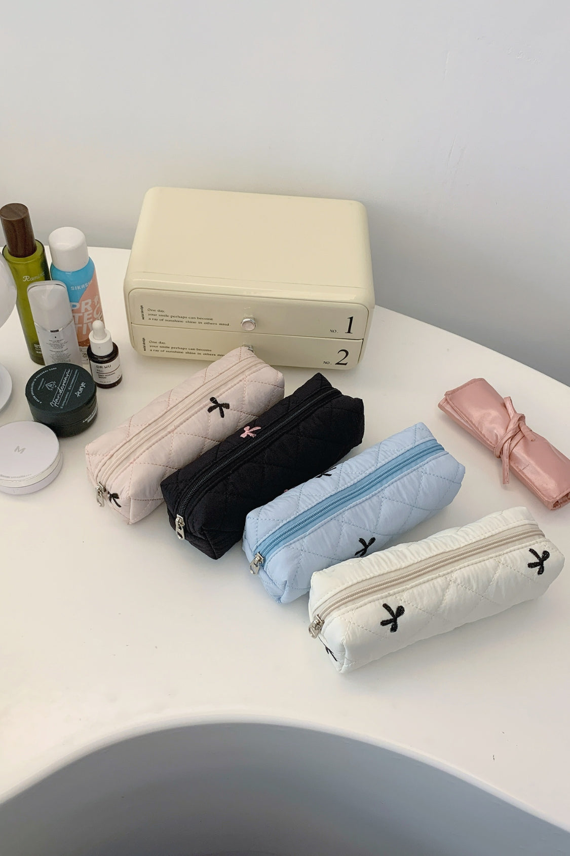3 Piece Bow Quilted Makeup Bag Set