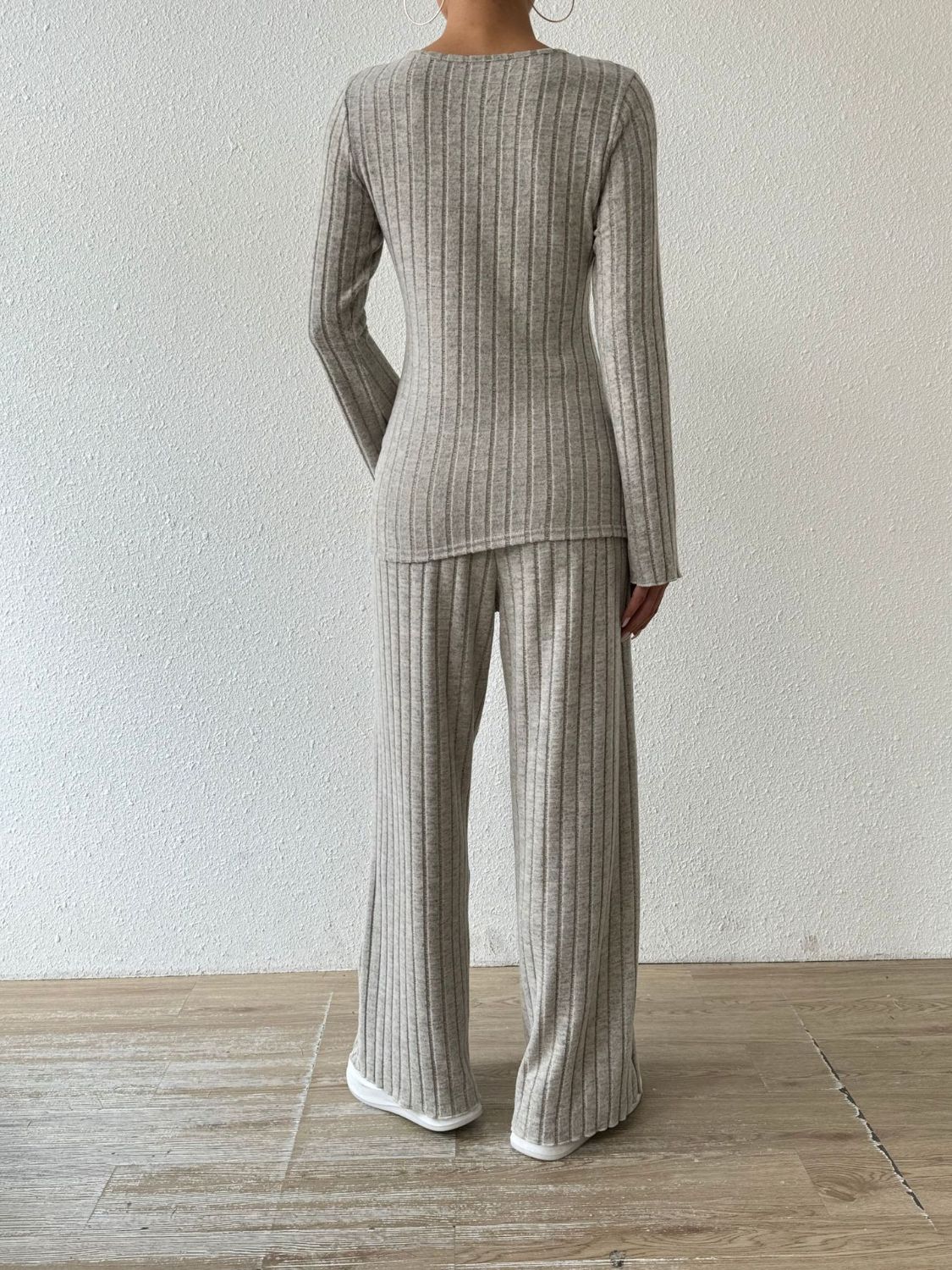 Ribbed V-Neck Long Sleeve Top Pants