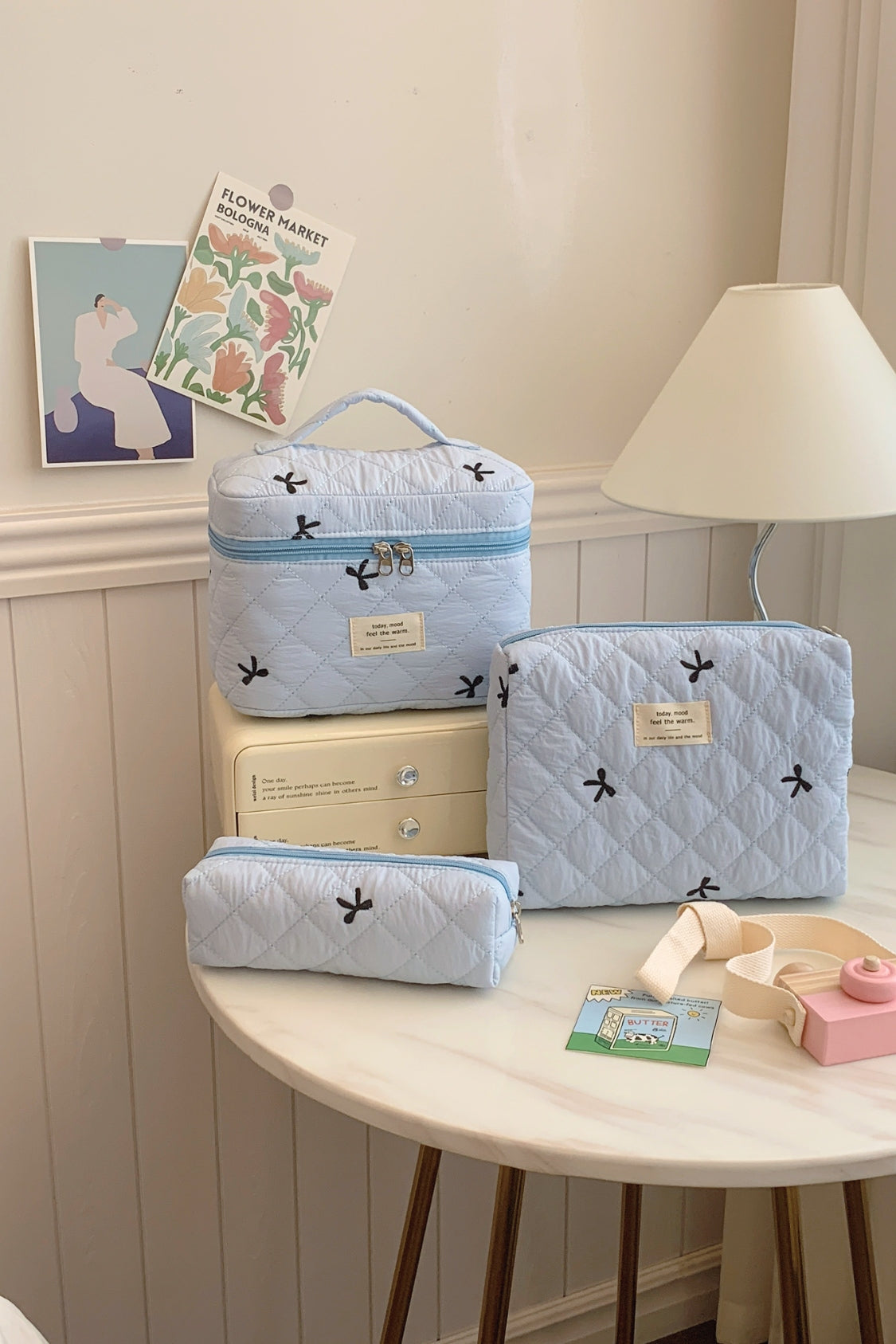 3 Piece Bow Quilted Makeup Bag Set