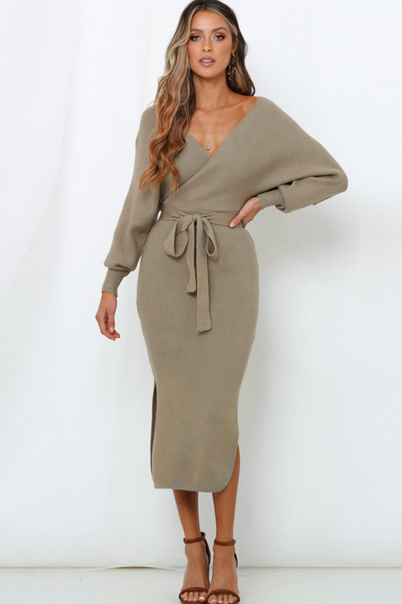 Surplice Neck Bow Waist Slit Sweater
