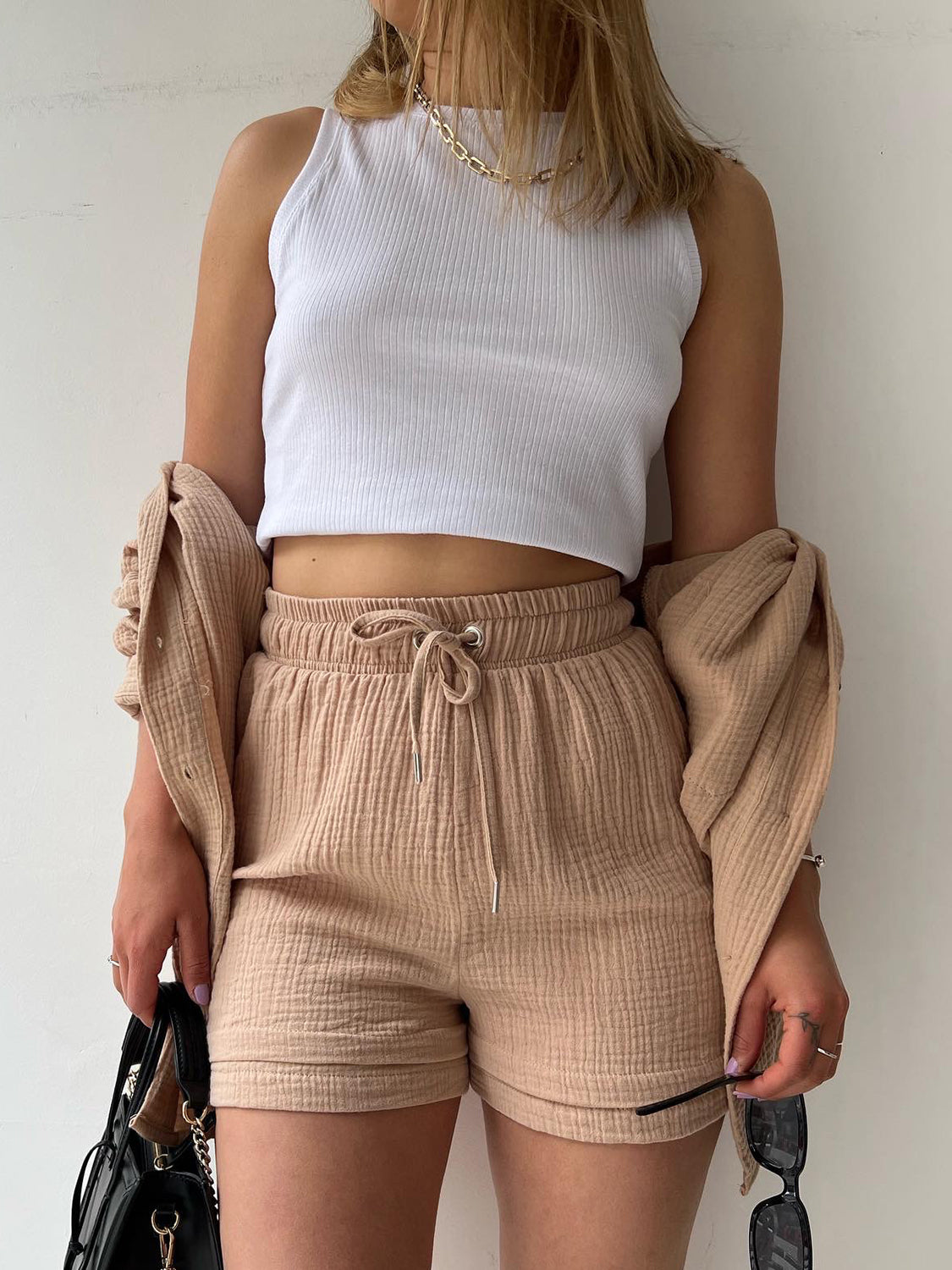 Textured Button Up Shirt Shorts Set
