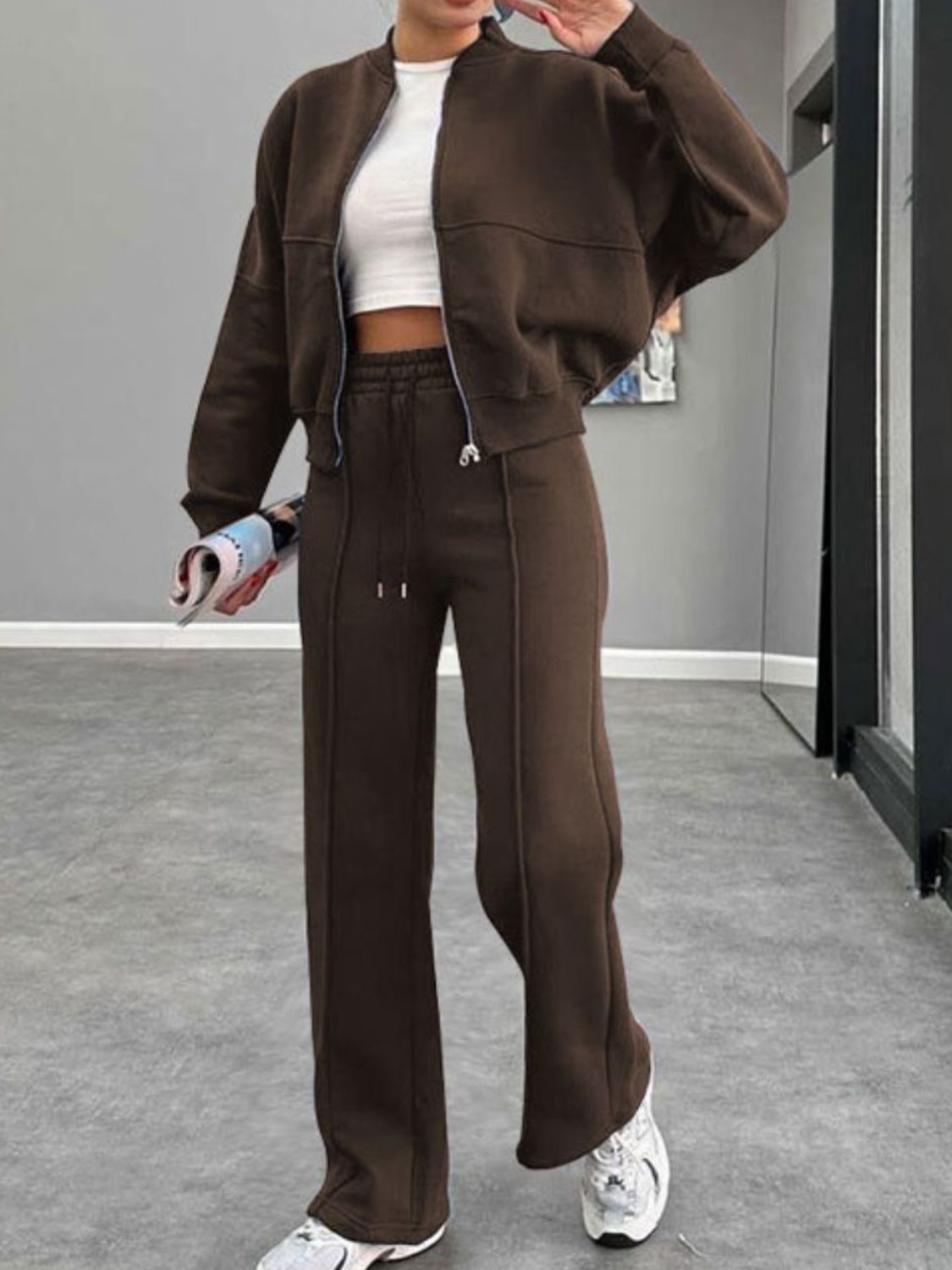 Baseball Collar Zip Up Outerwear Set