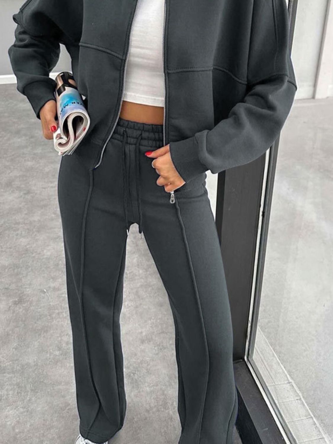Baseball Collar Zip Up Outerwear Set
