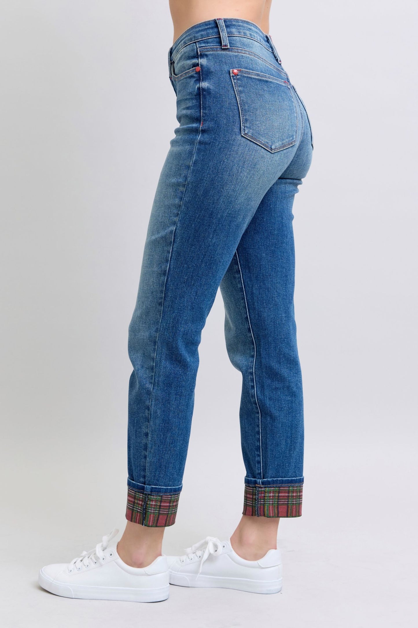 Blue Plaid Print Cuff Straight Jean