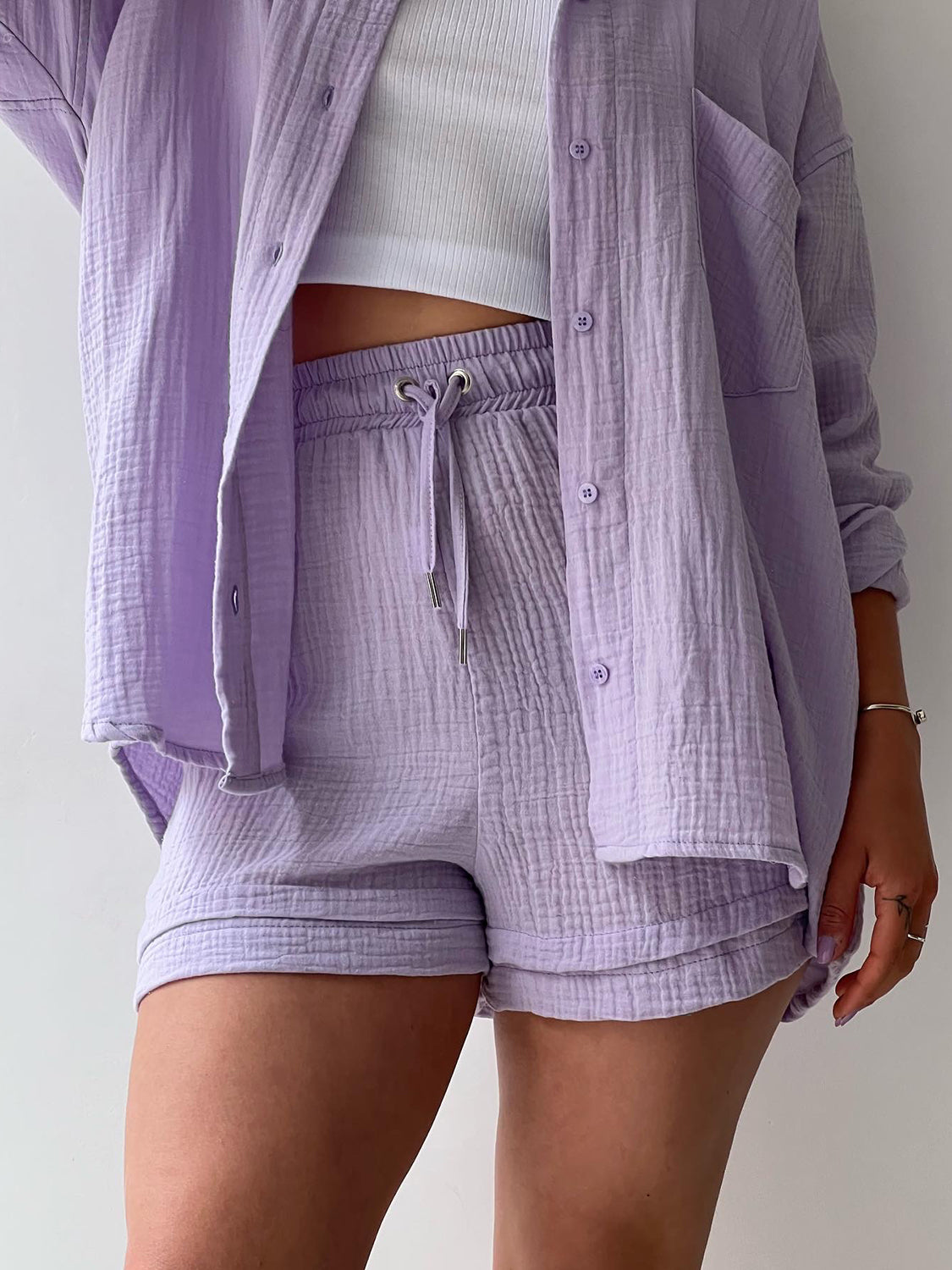 Textured Button Up Shirt Shorts Set