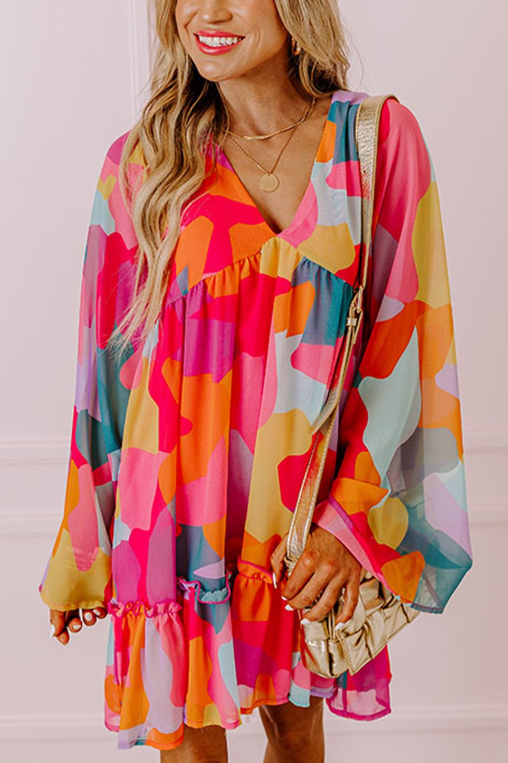 Ruffle Hem Color Block V-Neck Dress