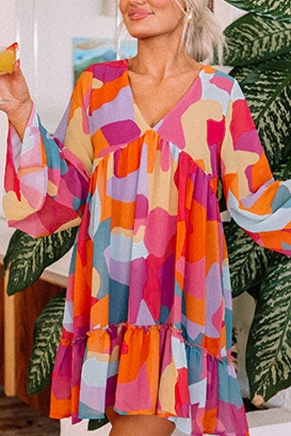 Ruffle Hem Color Block V-Neck Dress