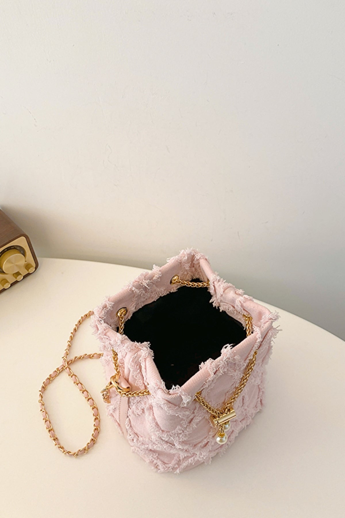 Chain Drawstring Raw Edge Denim Bucket