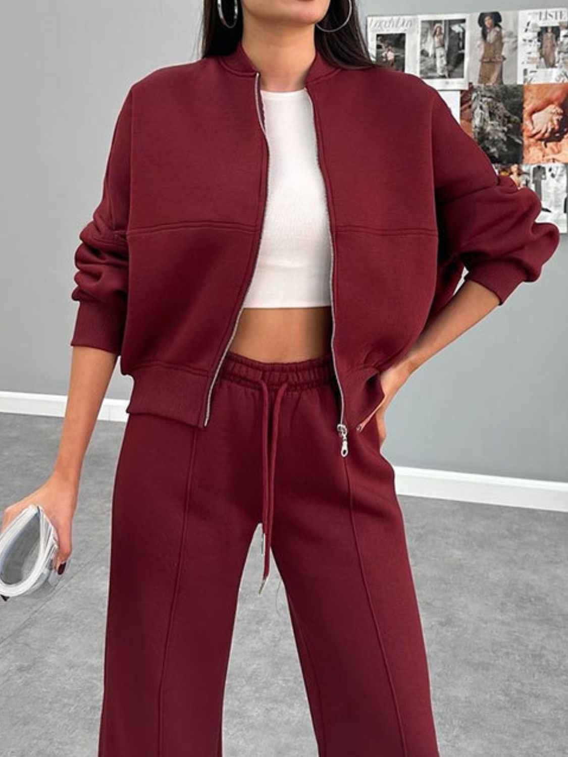 Baseball Collar Zip Up Outerwear Set