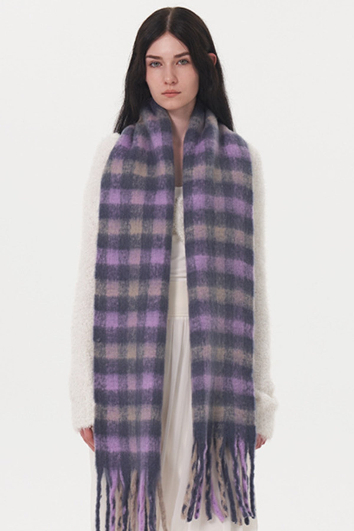 Classic Fringe Plaid Polyester Scarf