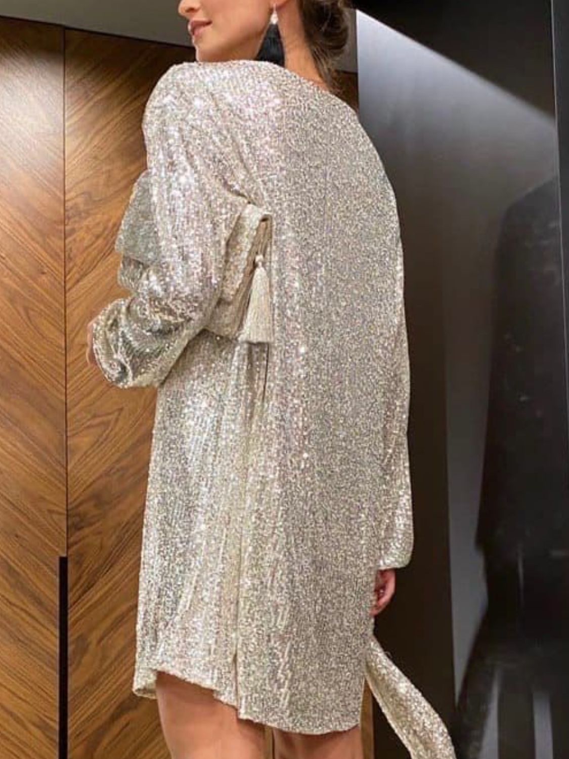Sequin Tie Waist Long Sleeve Dress