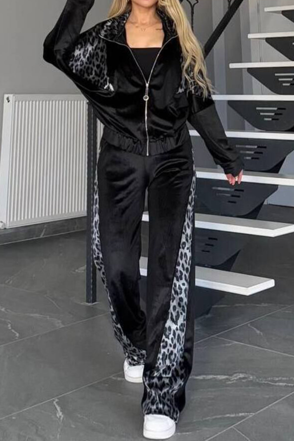 Collared Leopard Zip Top Pants Plus