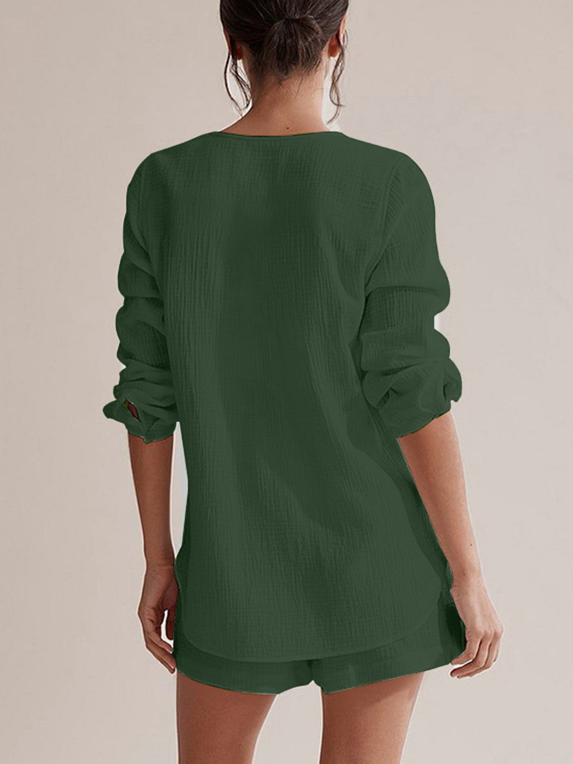 Notched Long Sleeve Top Shorts Set