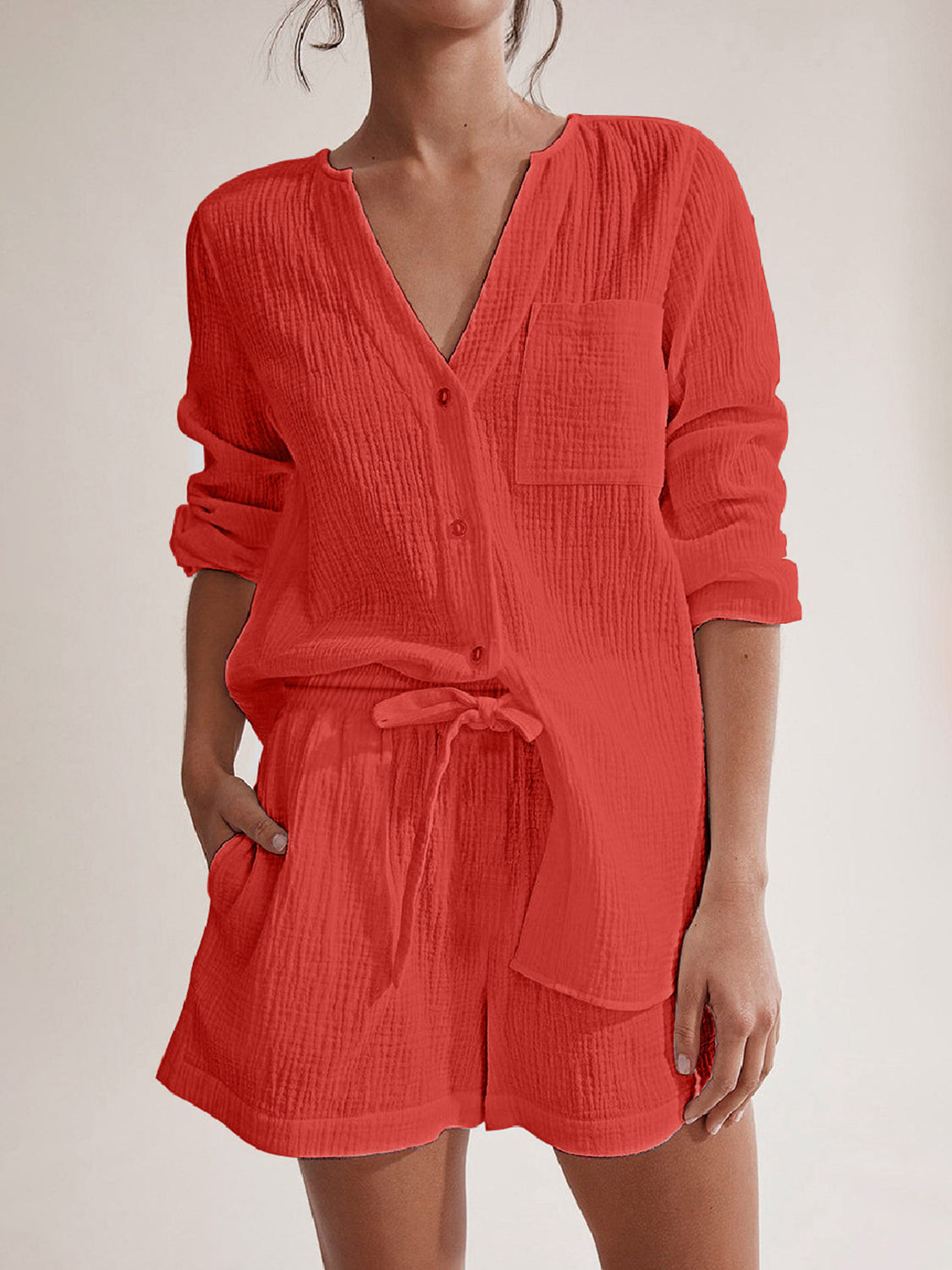 Notched Long Sleeve Top Shorts Set