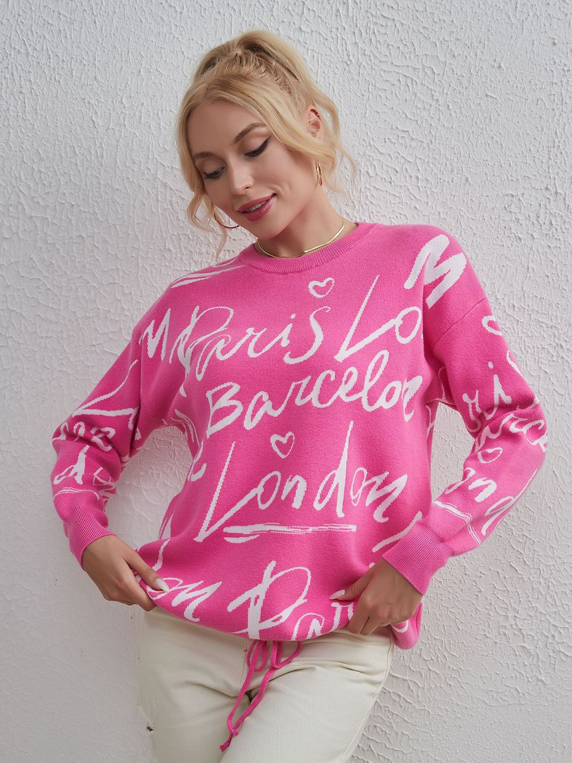 Drawstring Letter Pattern Sweater Drop