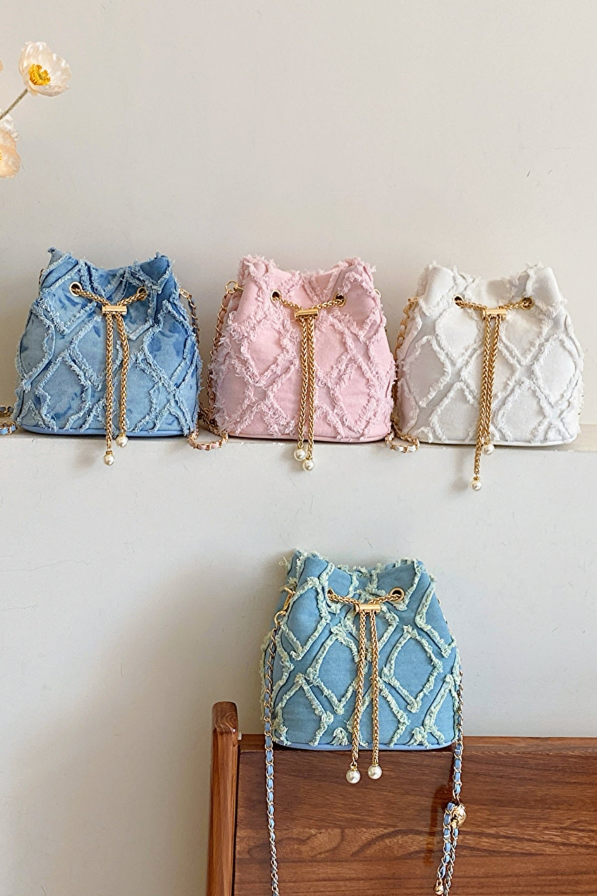 Chain Drawstring Raw Edge Denim Bucket