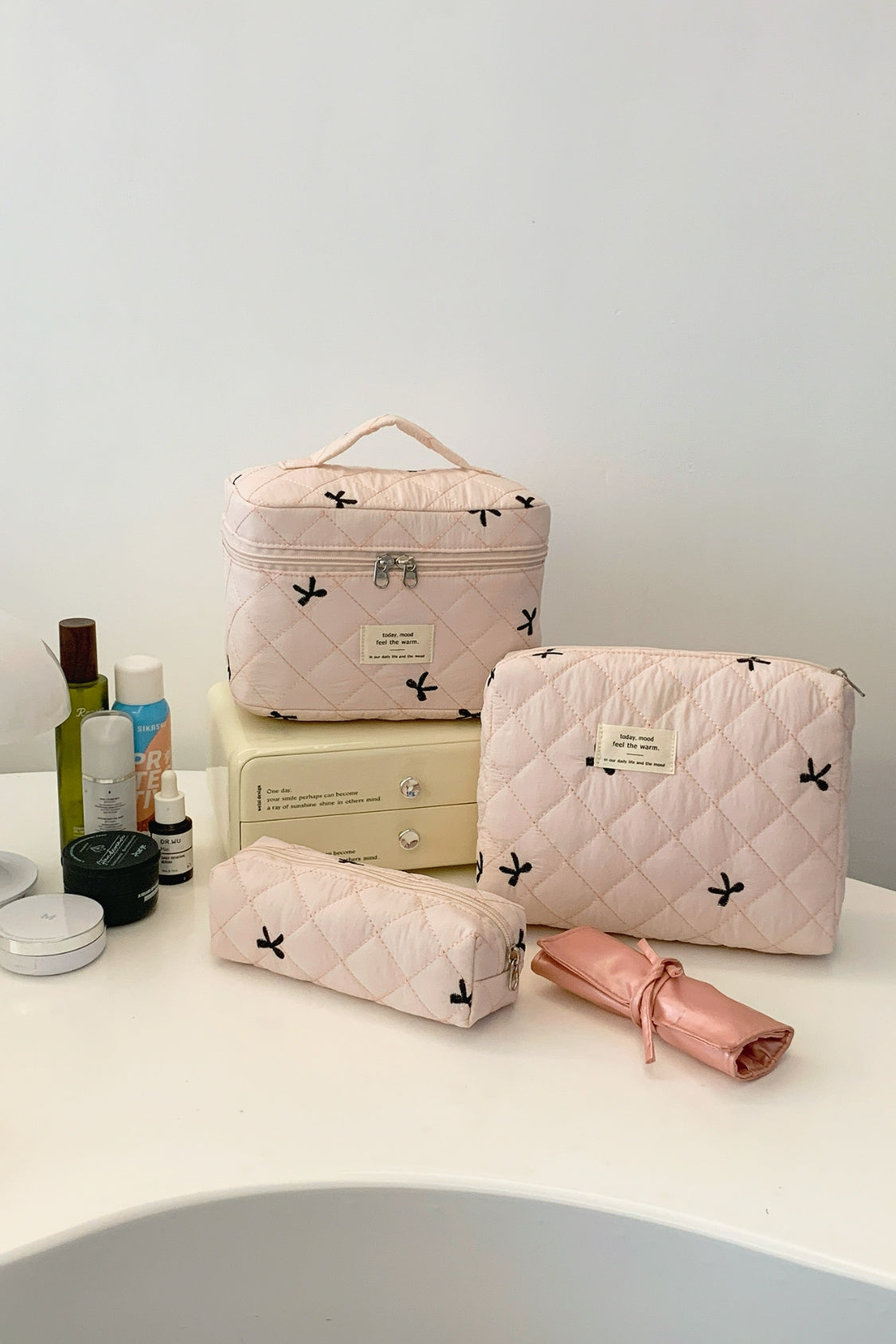 3 Piece Bow Quilted Makeup Bag Set