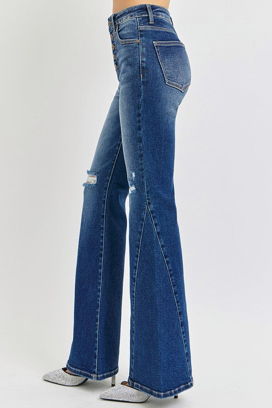 RISEN Distressed Button-Fly Flare Jean