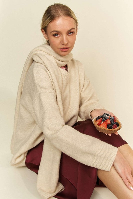 V-Neck Sweater with Scarf - Cozy