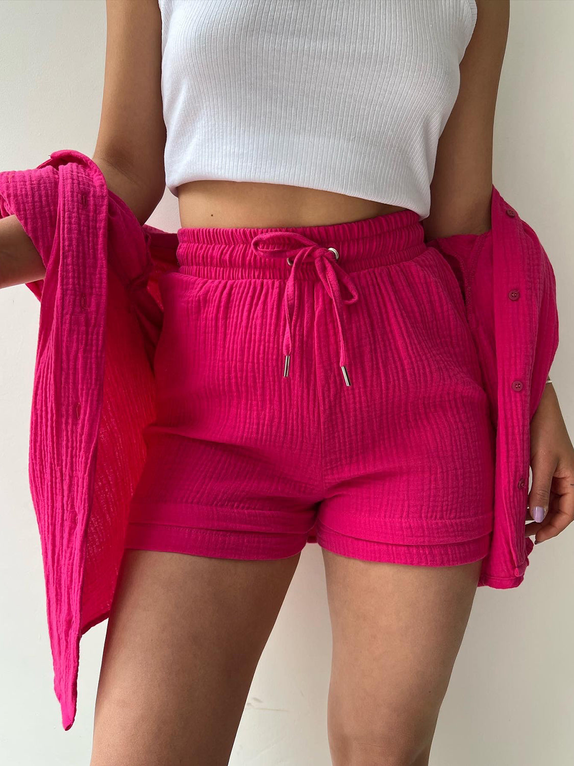 Textured Button Up Shirt Shorts Set