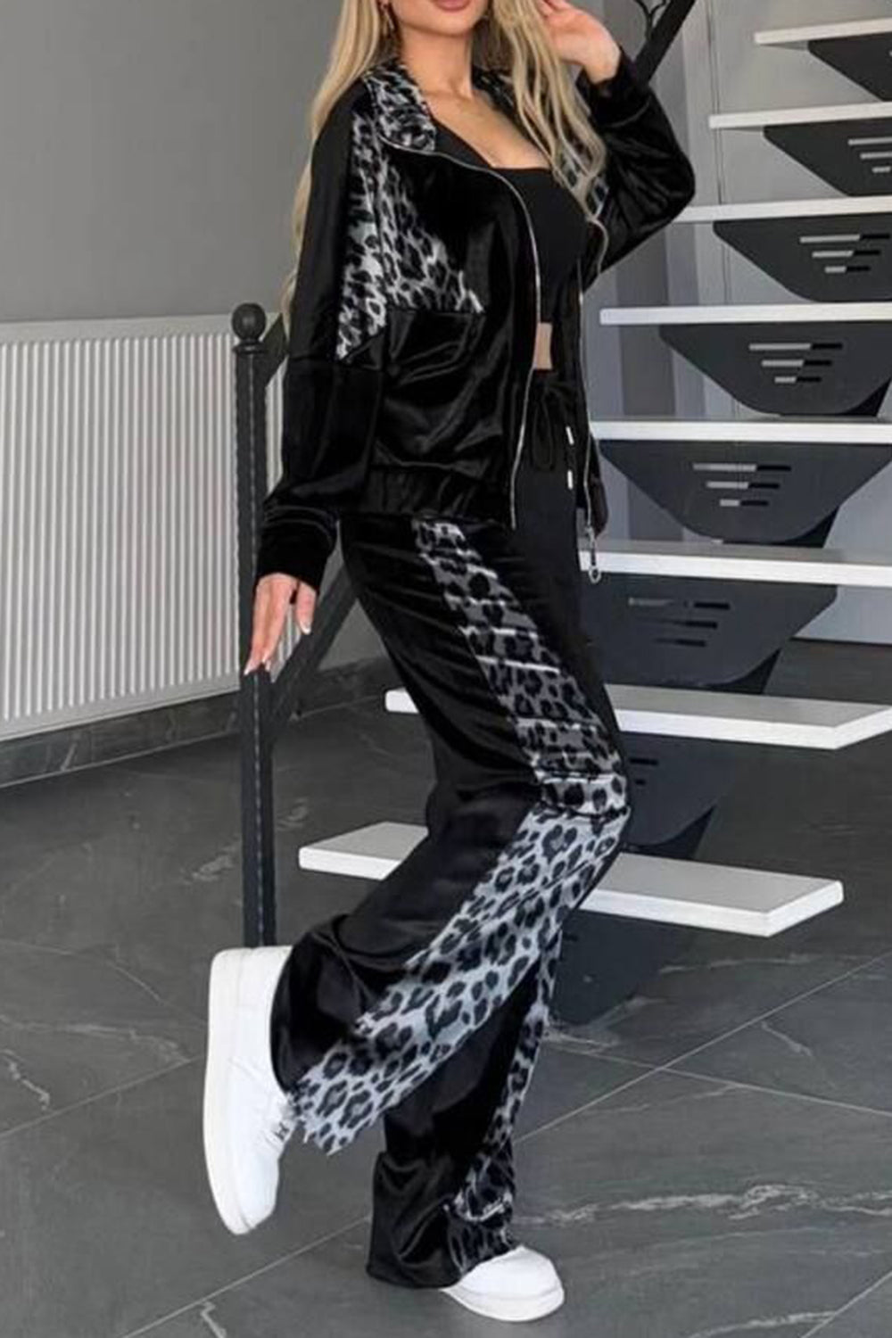 Collared Leopard Zip Top Pants Plus