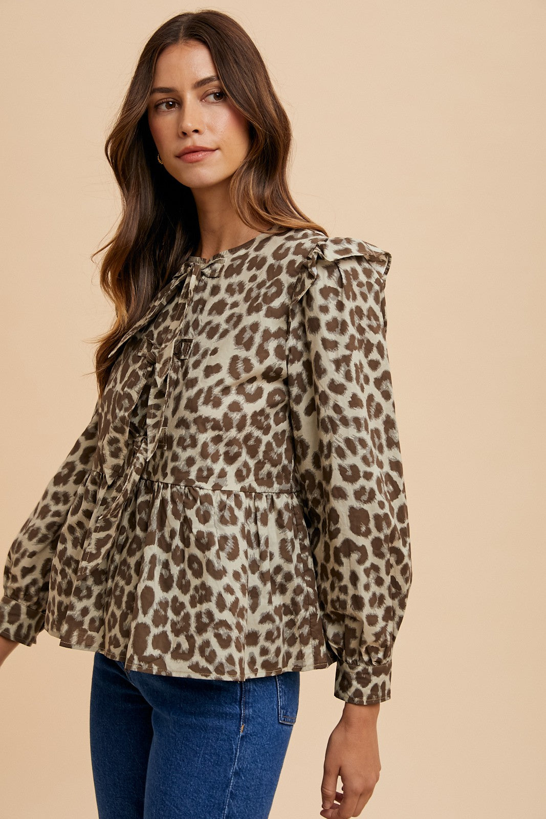 Women Leopard Peplum Blouse Tie Detail