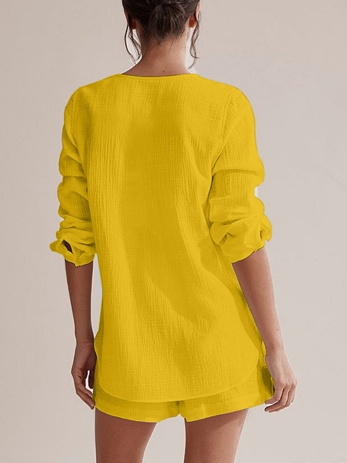 Notched Long Sleeve Top Shorts Set