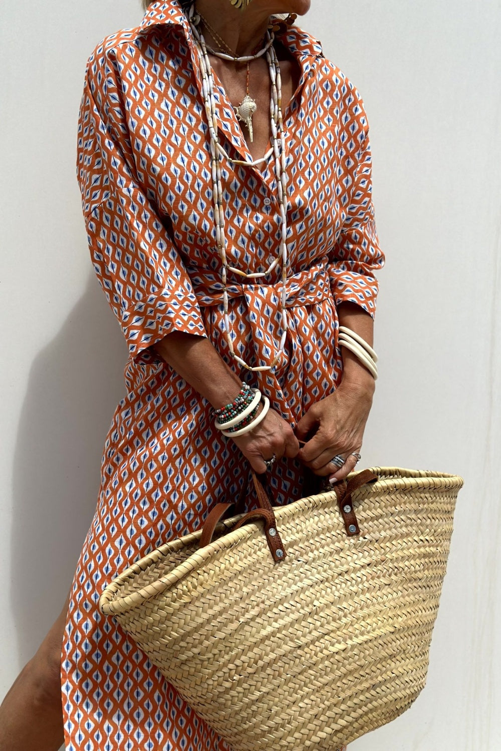 Slit Printed Collared Midi Shirt Dress