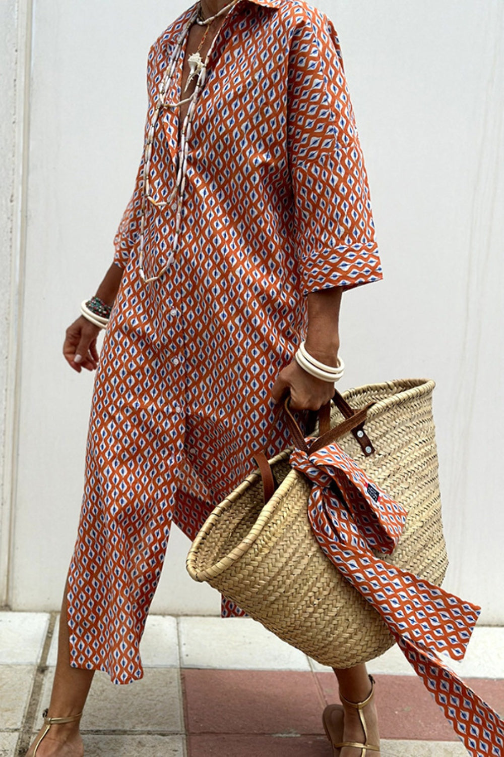 Slit Printed Collared Midi Shirt Dress