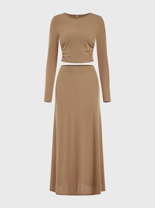 Round Neck Long Sleeve Top Skirt Set