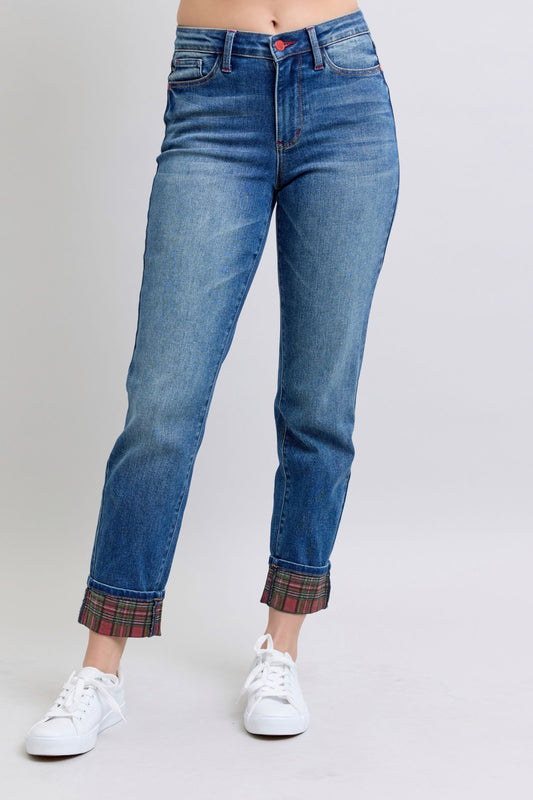 Blue Plaid Print Cuff Straight Jean