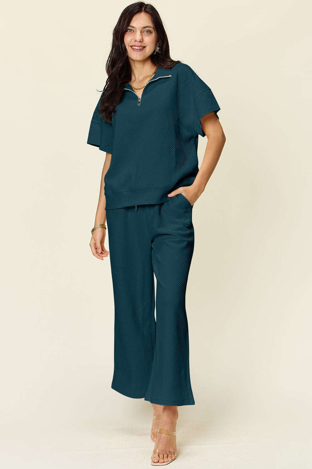 Double Take Half Zip Top & Pants Set