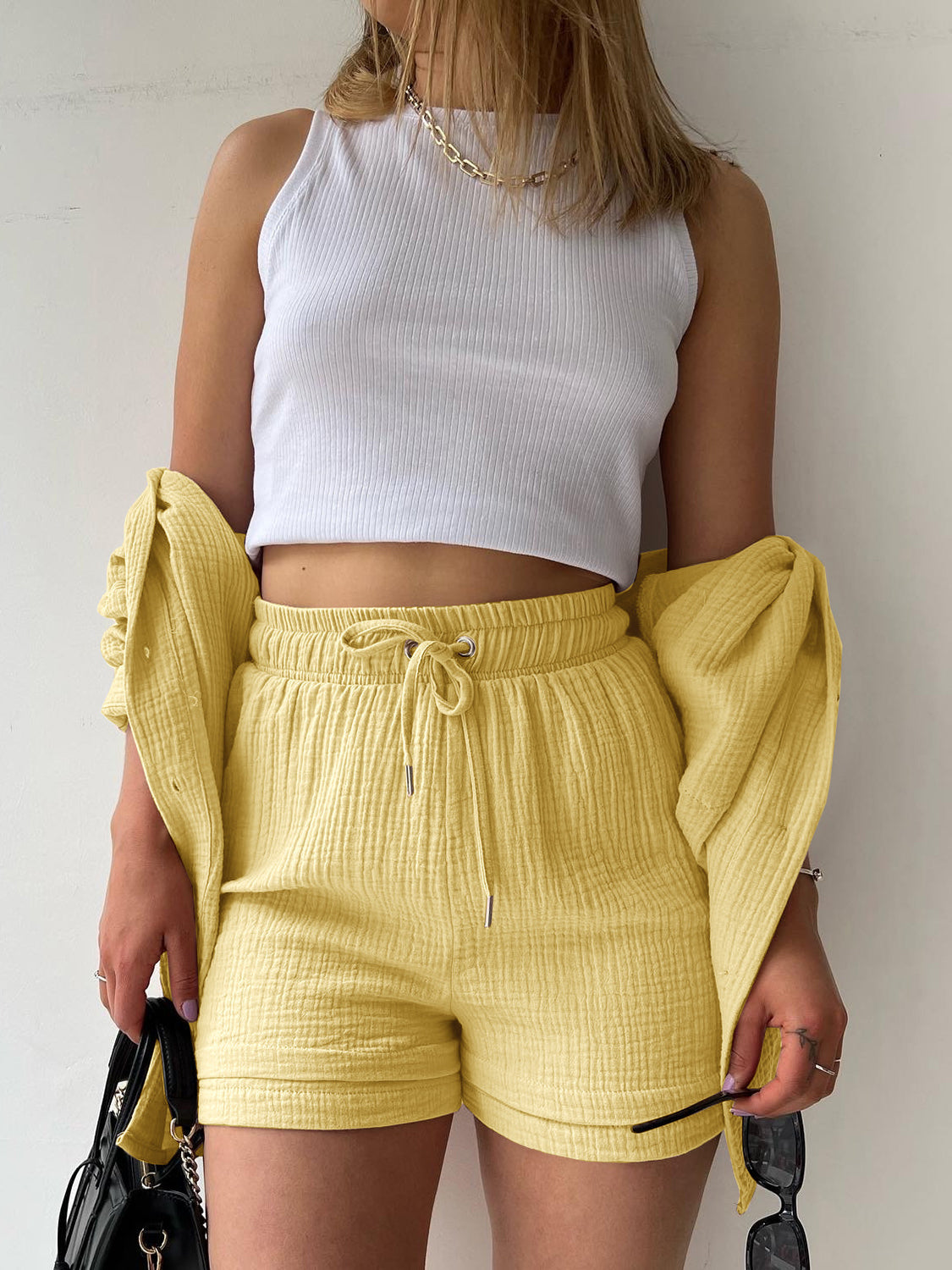 Textured Button Up Shirt Shorts Set