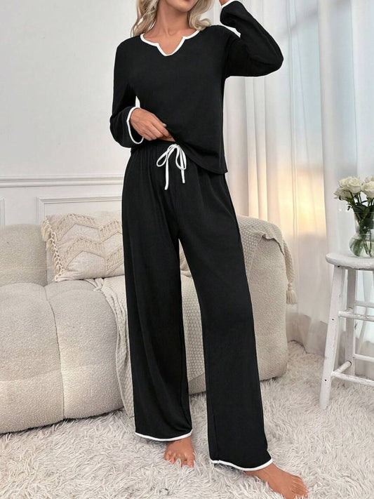 Contrast Trim Notched Top Pants Set