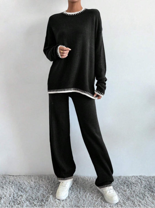 Side Slit Contrast Trim Top Pants Set