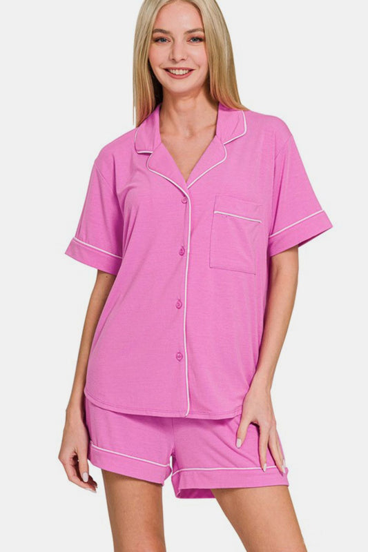 Zenana Button Down Short Sleeve Set