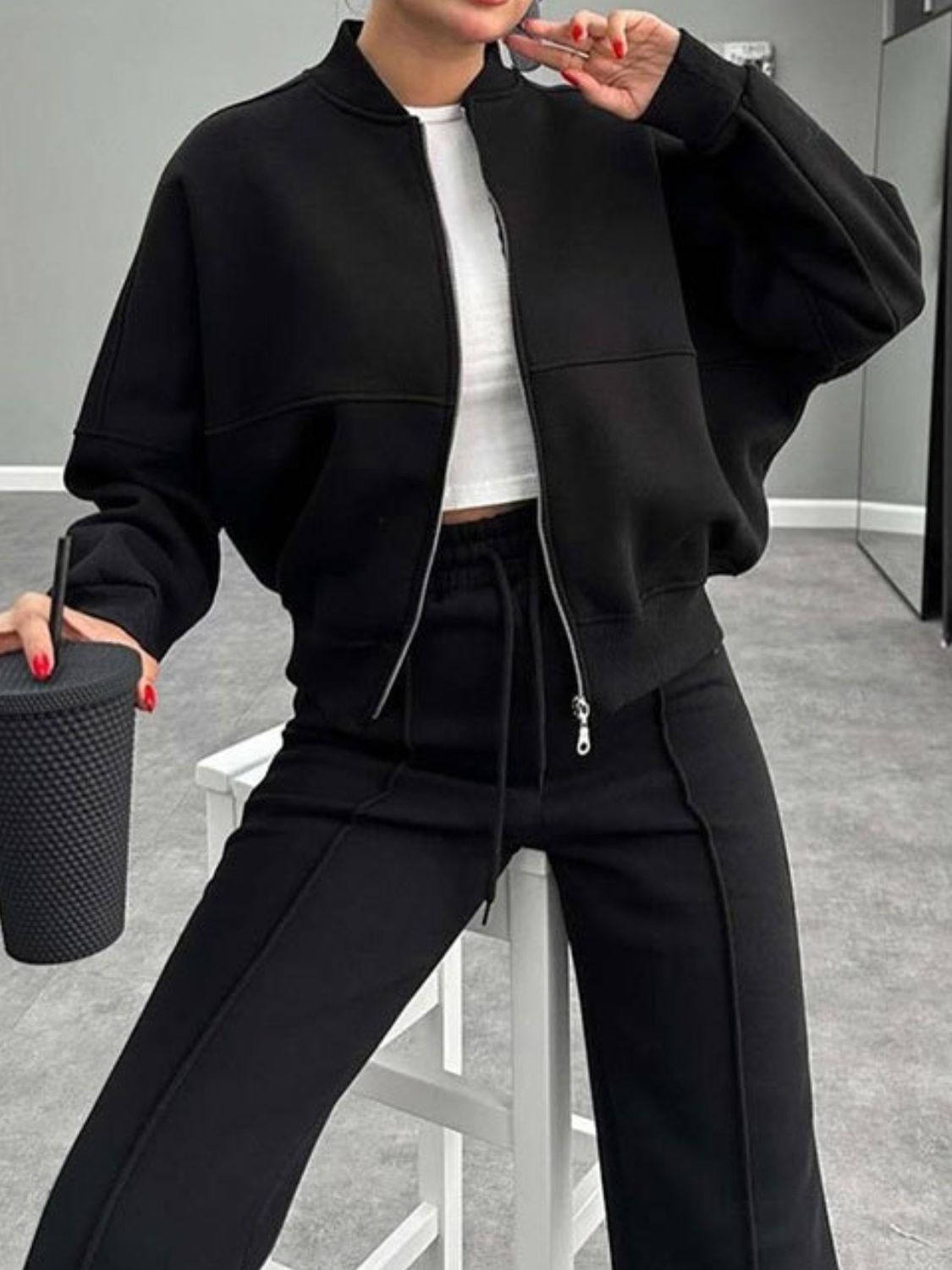 Baseball Collar Zip Up Outerwear Set