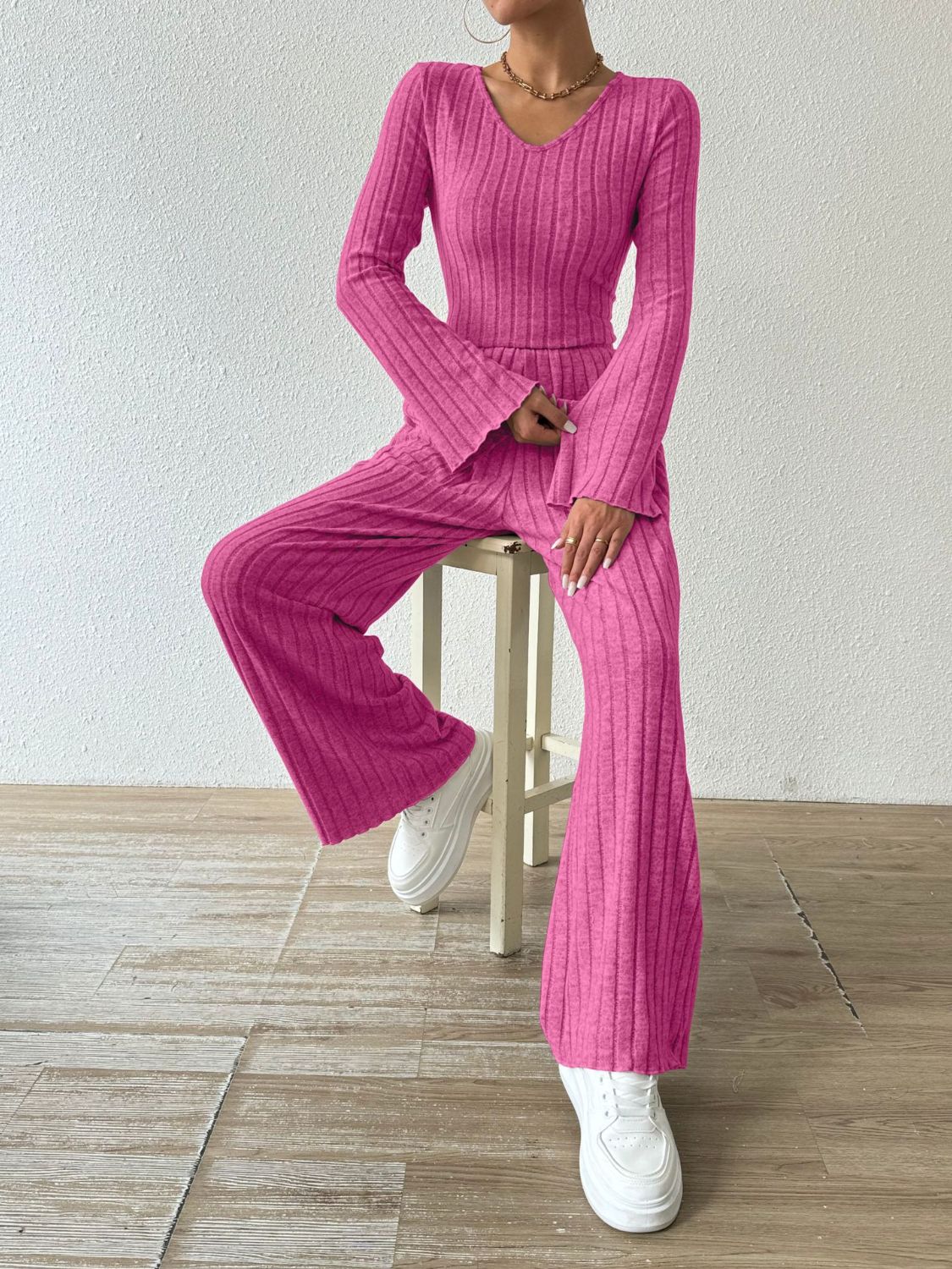 Ribbed V-Neck Long Sleeve Top Pants