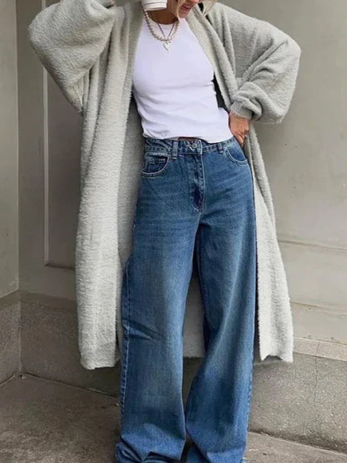 Fuzzy Open Front Solid Cardigan